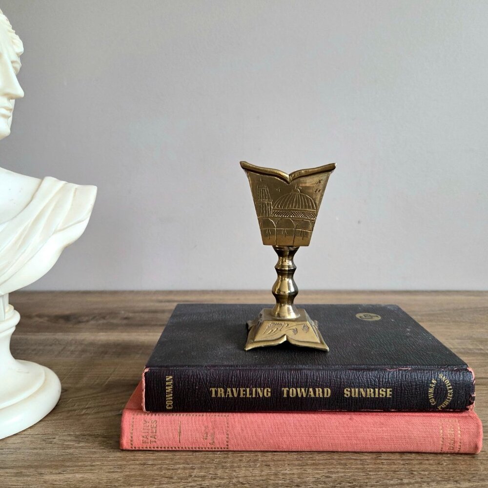Vintage solid brass candleholder with etched design. Saudi Arabia.